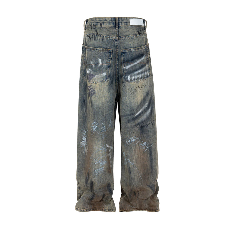 graffiti handdrawn damaged wash baggy jeans for men and women straight streetwear y2k denim trousers pantalones hombre cargos 1 baggy cargo bottoms