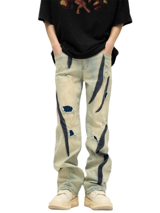 irregular graffiti prtinted denim jean pants casual distressed washed biker jeans hip hop streetwear y2k mens straight joggers streetwear sweatpants