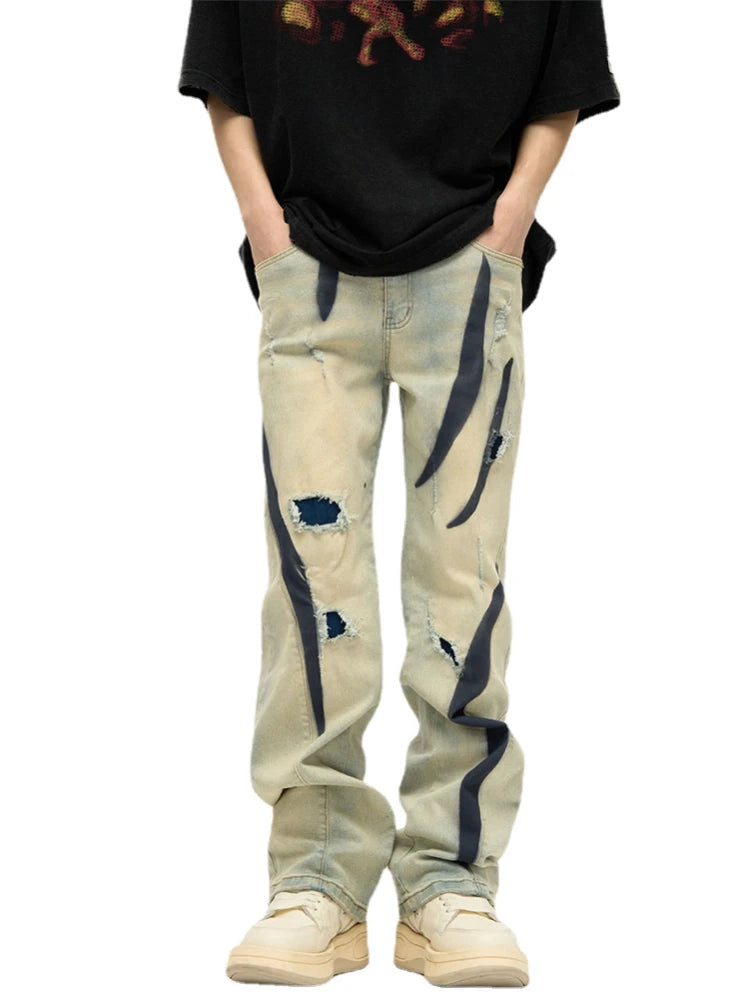 irregular graffiti prtinted denim jean pants casual distressed washed biker jeans hip hop streetwear y2k mens straight joggers streetwear sweatpants