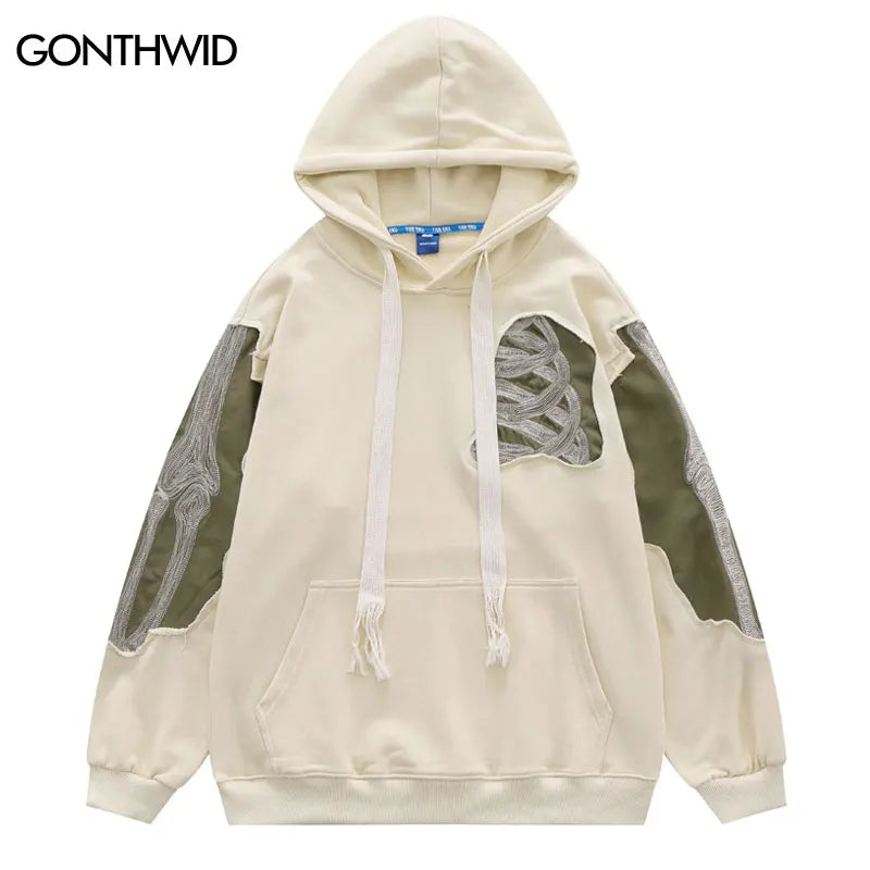 Hip Hop Men Hoodie Sweatshirt Y2K Embroidery Skeleton Skull Patch Punk