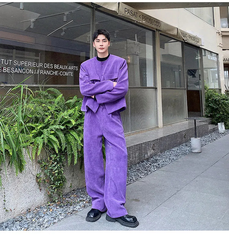 men 2 pieces sets corduroy short jacket wide leg pant suits korean streetwear fashion loose casual retro coat baggy trousers unique shorts style 2802