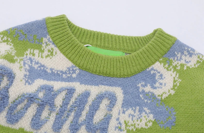 fashion contrast color knitted sweater unisex harajuku sweater casual letters pullover streetwear loose sweaters jumper knitwear high quality cotton pullover, oversized graphic print design, urban wear with bold artwork