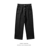 korean fashion mens baggy jeans classic all match solid color straight leg denim wide leg pants male light blue grey black unique jeans style 1127