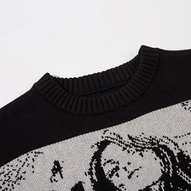 fashion hip hop knitted sweater men autumn winter o neck anime pattern pullover streetwear casual loose sweaters jumper knitwear streetwear fashion hoodie, unique limited edition hoodie, Y2K vintage urban hoodie