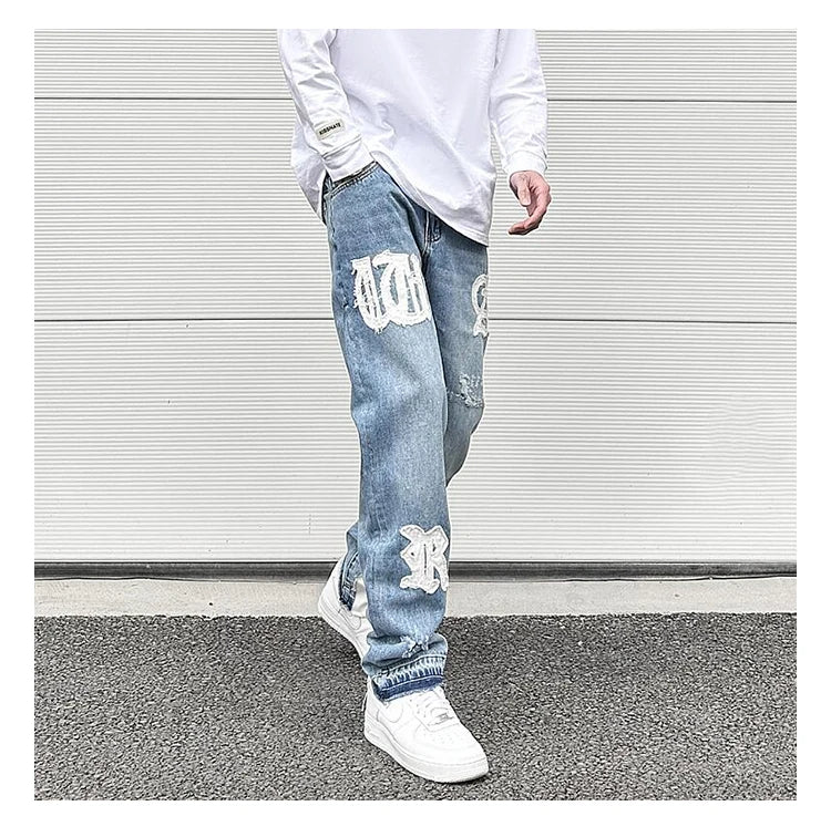 letters patckwork bottom ripped denim jeans men casual straight biker trousers fashion streetwear hip hop jean pants joggers unique joggers style 3739