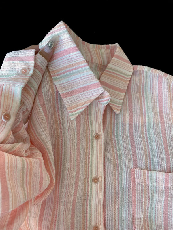 Early Autumn Sweet Striped Polo Collar Long Sleeved Shirt Womens Autum