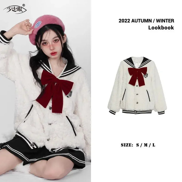 Harajuku Sweet Thicknecked Bow College Coat Woman Zip Up Hoodie Sailor