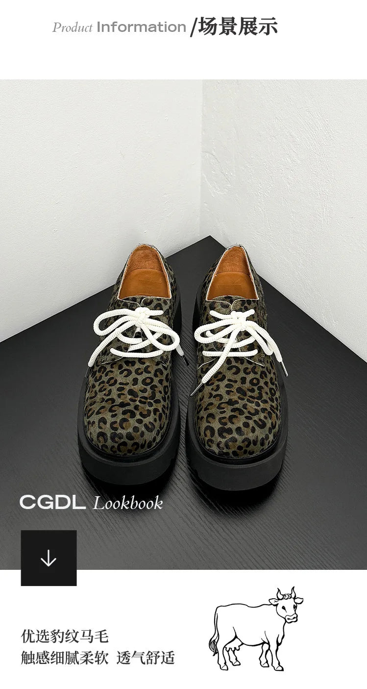 Men Leopard Genuine Leather Streetwear Fashion Casual Retro Derby Shoes Cityboy Cow Leather Height Increasing Shoes Loafers Man