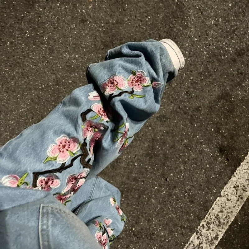 new streetwear jeans for men cherry blossom pattern y2k baggy jeans men harajuku punk straight casual low rise denim trousers ripped baggy denim