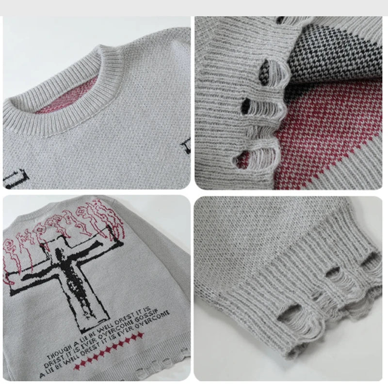 vintage sweaters y2k grunge streetwear hip hop ripped hole knitted cross punk gothic jumpers fashion harajuku casual pullover aesthetic street look hoodie, urban wear with bold artwork, streetwear fashion hoodie