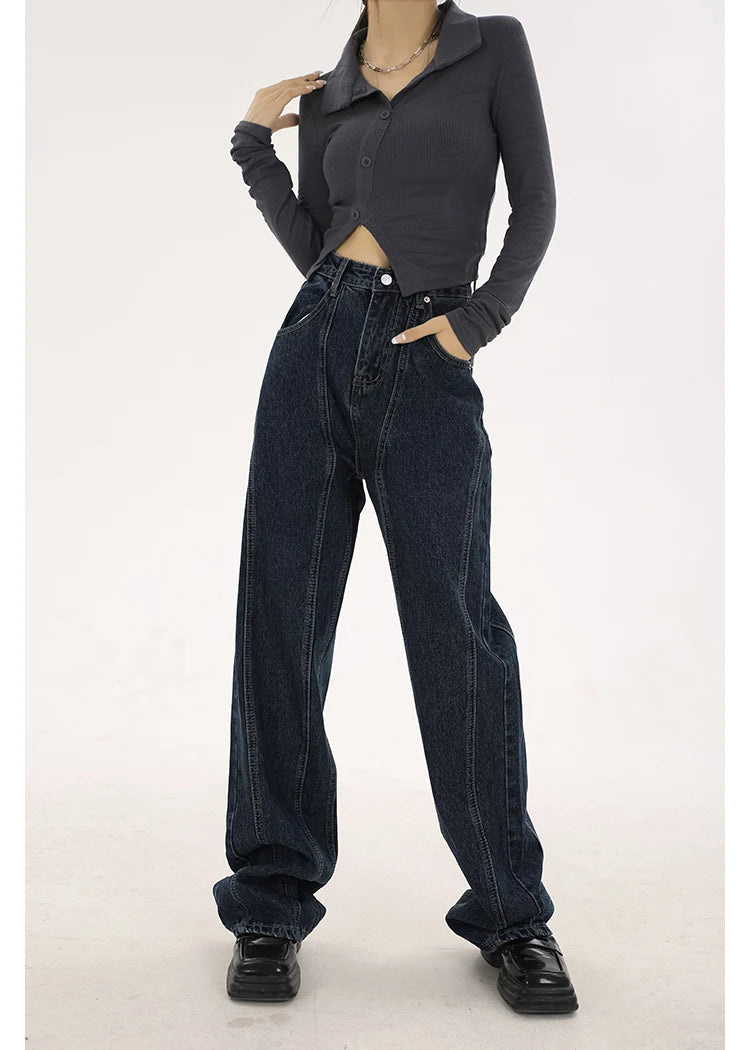 navy blue vintage jeans womans high waist summer wide leg denim trouser baggy streetwear chic design ladies straight jean pants unique jeans style 2875