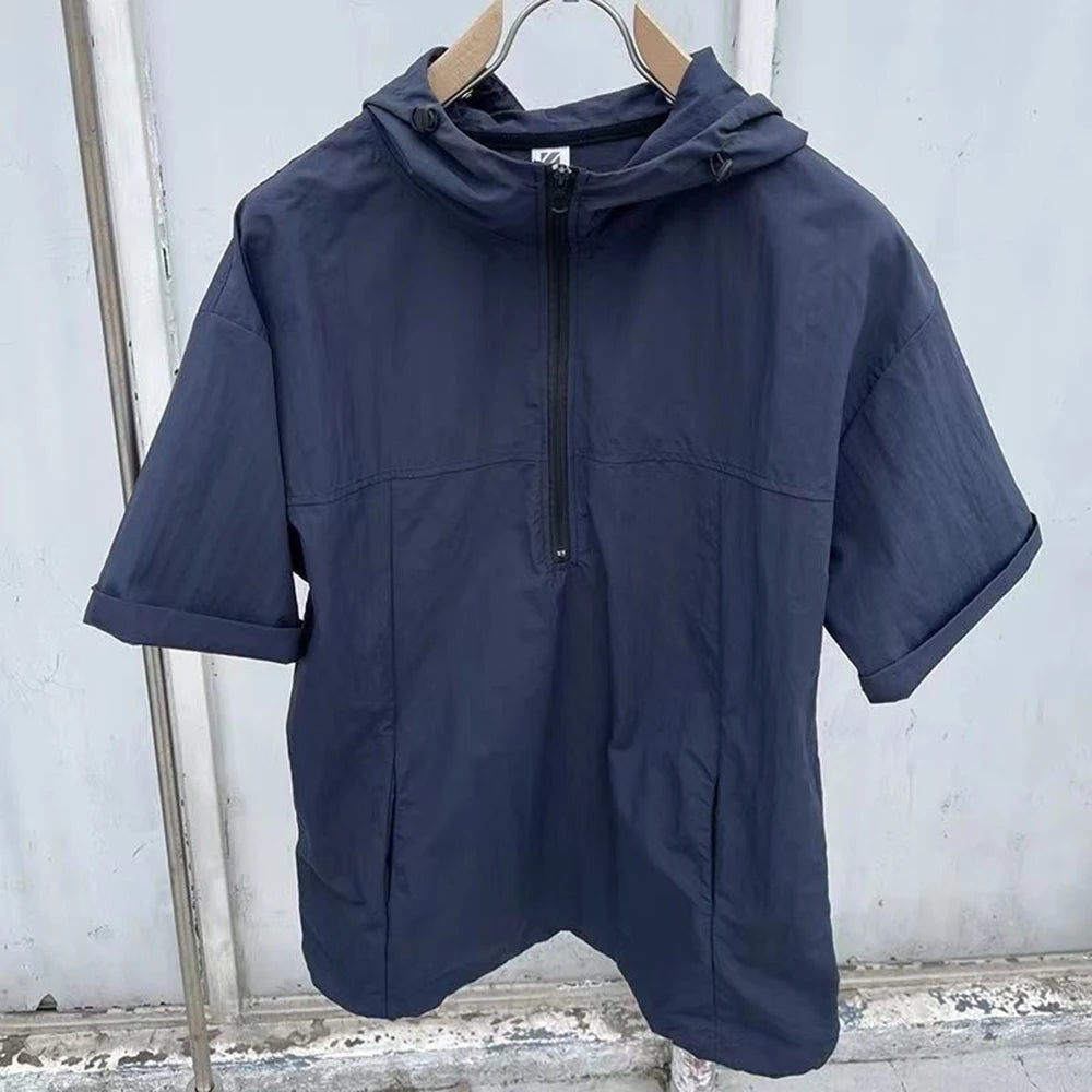 Summer New Casual Loose High-Quality Zipper Fashion Hooded Work Top Solid Color Trendy Shorts Set