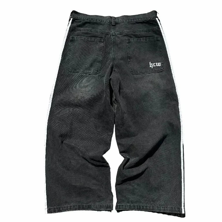 baggy jeans harajuku goth y2k jeans for men black striped new hip hop embroidered wide leg denim pants high street streetwear vintage washed jeans