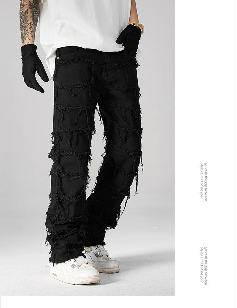 destroyed ripped pieced patchwork denim jean pants casual straight biker trousers mens fashion y2k hip hop streetwear joggers unique joggers style 533
