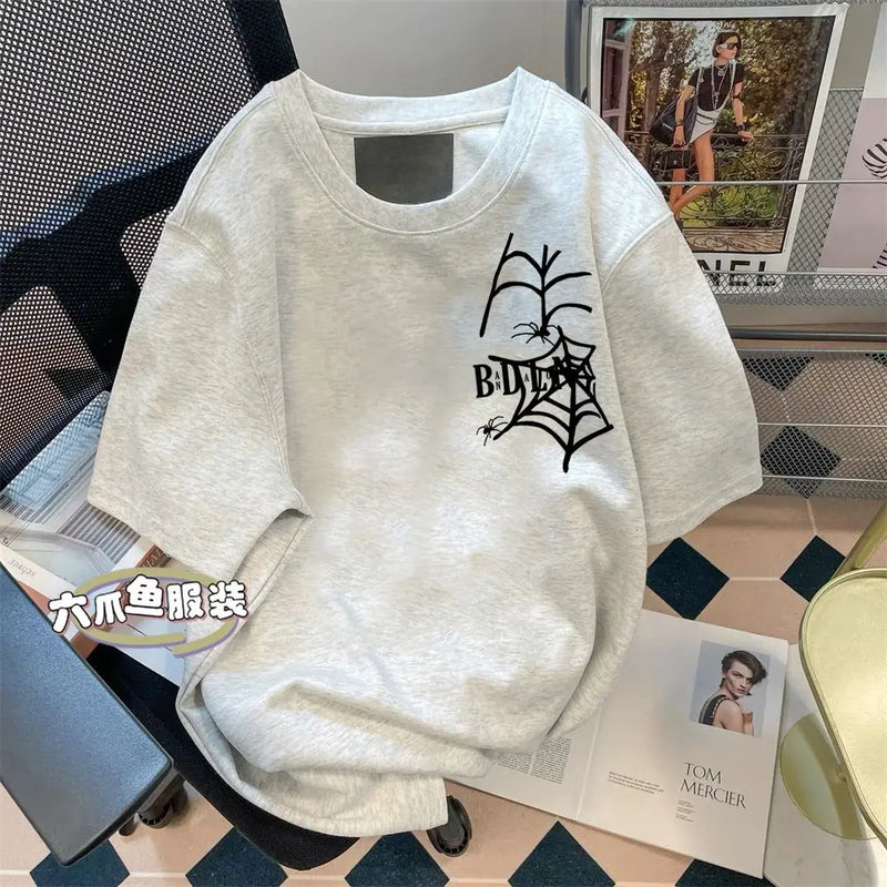 Y2k Broken heart – Trendy Street American Spider Web Print Round Neck Short Sle