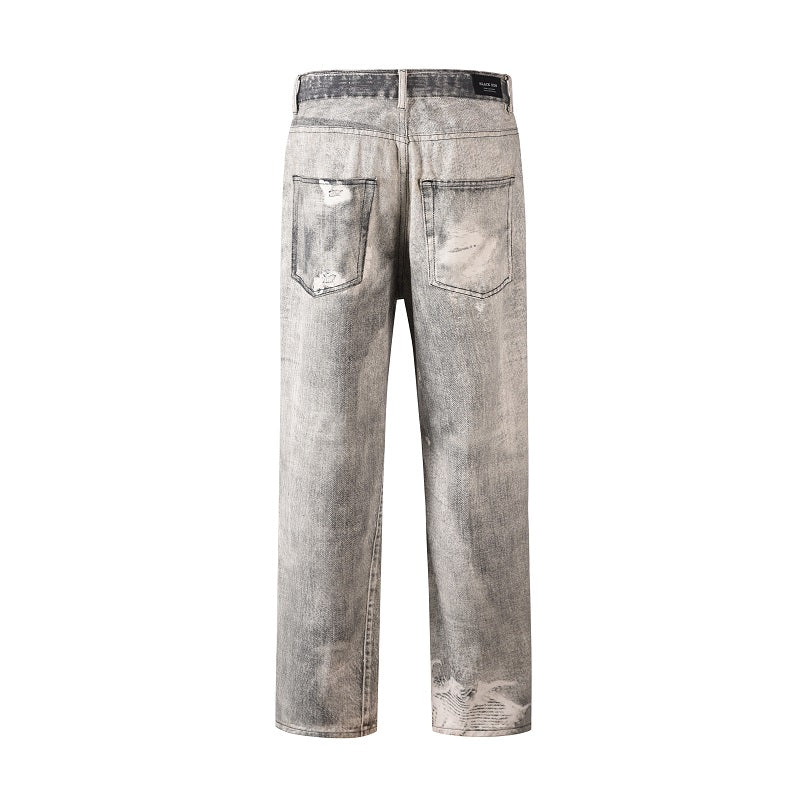 2023 european and american vintage digital printing jeans washed distressed straight denim pants mens streetwear y2k jean pants unique jeans style 5791