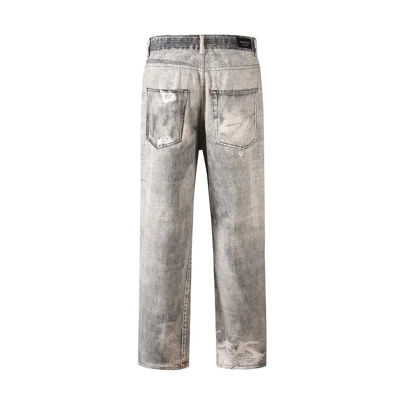 2023 european and american vintage digital printing jeans washed distressed straight denim pants mens streetwear y2k jean pants vintage washed jeans