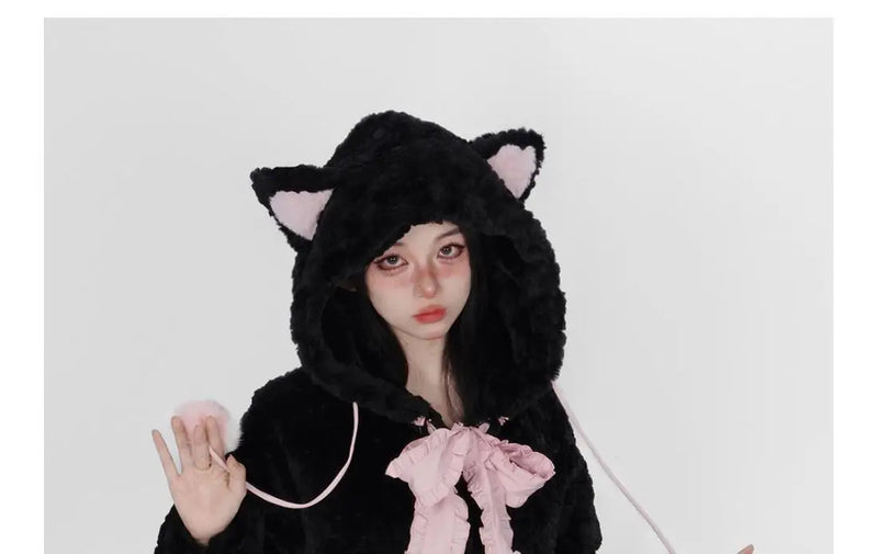 Sadcore Shirt – Harajuku Little Wildcat Hoodies Women Bodysuit Black Tie Bow – Streetwear Fashion for Men & Women