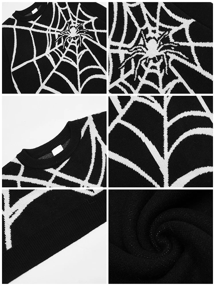 hip hop harajuku spider web pattern knitted sweater unisex pullover streetwear winter casual loose sweater warm jumper knitwear - oversized streetwear hoodie, bold artwork streetwear hoodie, trendy hip hop fashion hoodie