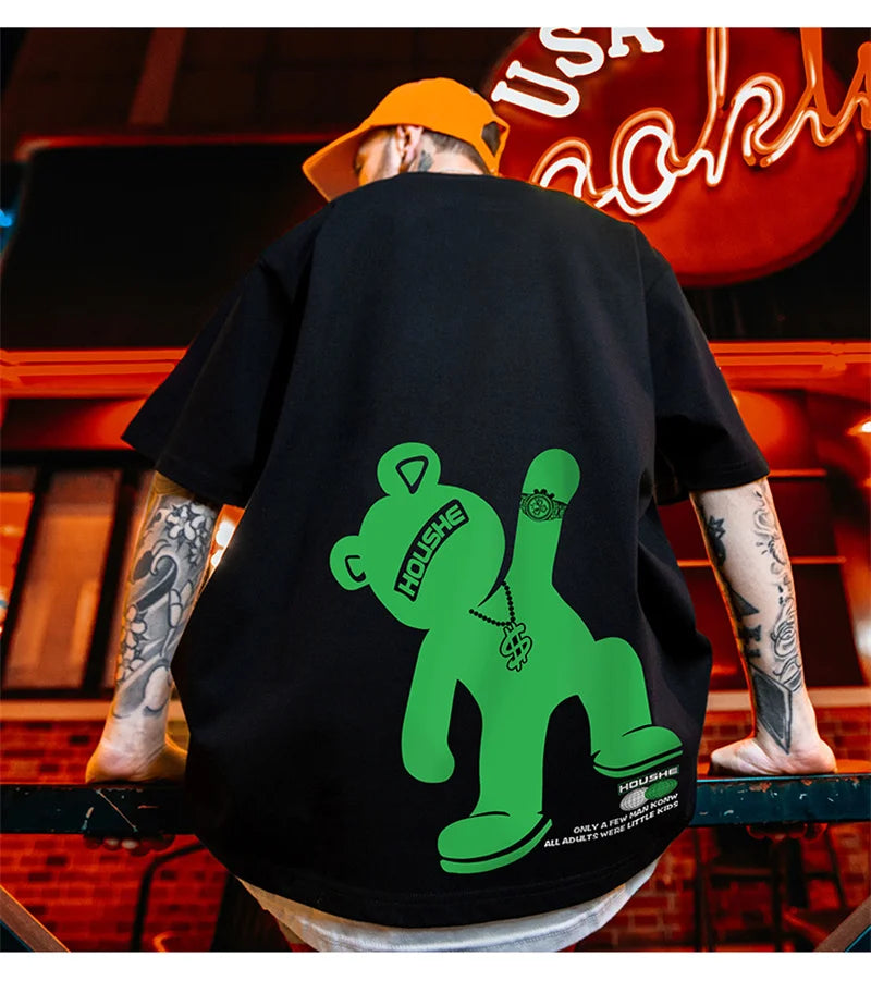 Glitchcore Chrome print – Summer Creative Cartoon Bear Printed T Shirt For Men Short S