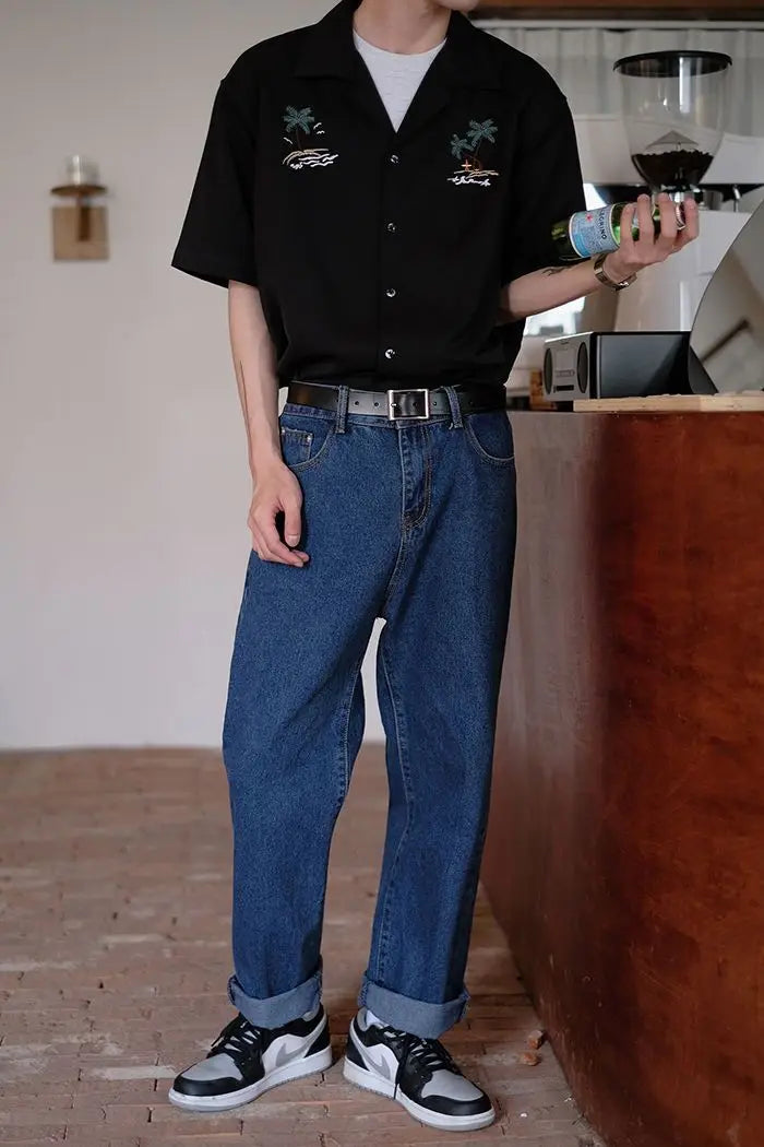Summer Japanese loose shirt men s coconut tree national trend uban collar ins beach shirt retro trendy brand top shirts for men