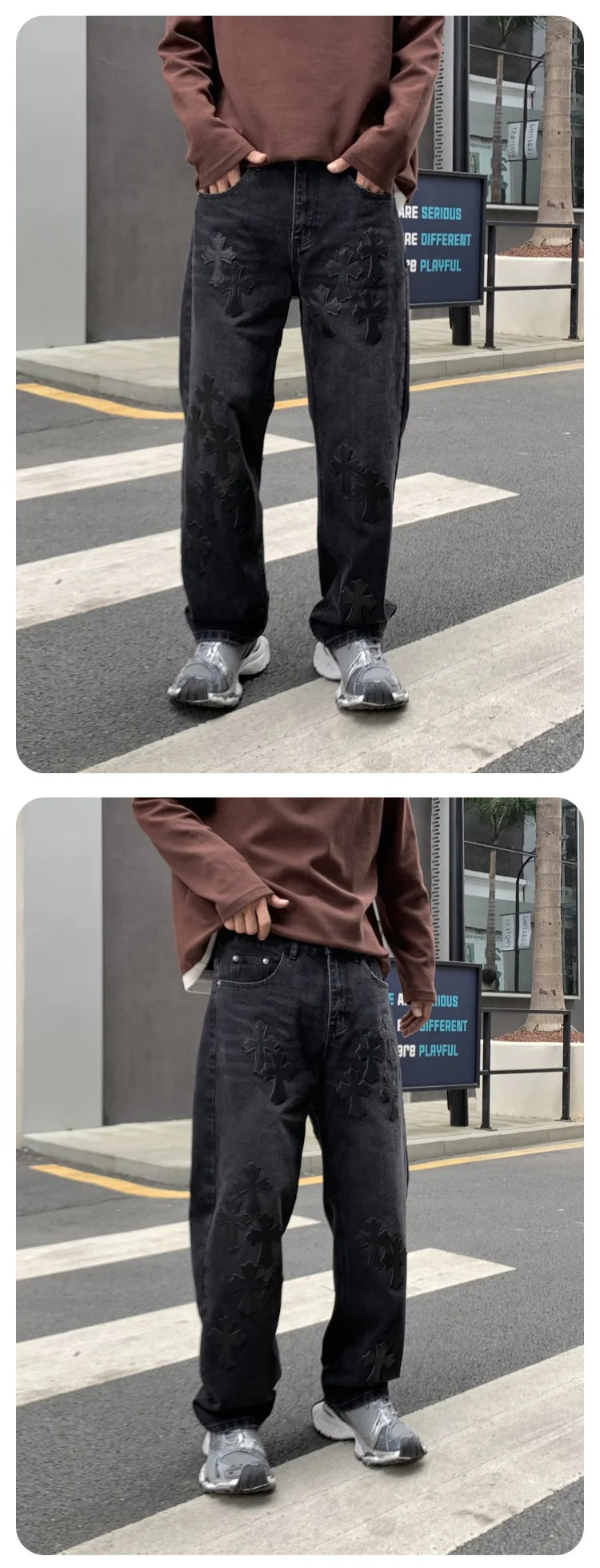 men embroidery streetwear brand fashion hip hop loose casual straight motorcycle denim jeans pant cityboy y2k jeans trousers unique jeans style 2485