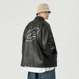 Mens Leather Bomber Jacket Women Hip Hop Letter Motorcycle Loose Casual PU Coat Unisex High Street Racing Varsity Black Outwear