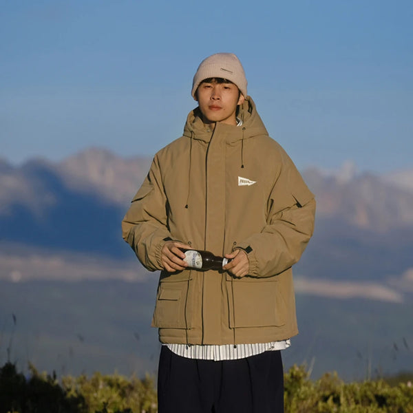 Outdoor Multi Pocket Thicken Man Jacket Winter Retro Warm Camping Cotton-padded Clothes Casual Print Loose Hooded Fashion Coat