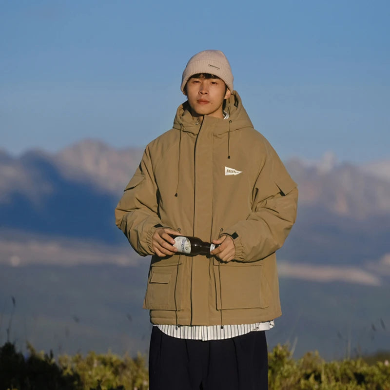 Outdoor Multi Pocket Thicken Man Jacket Winter Retro Warm Camping Cotton-padded Clothes Casual Print Loose Hooded Fashion Coat