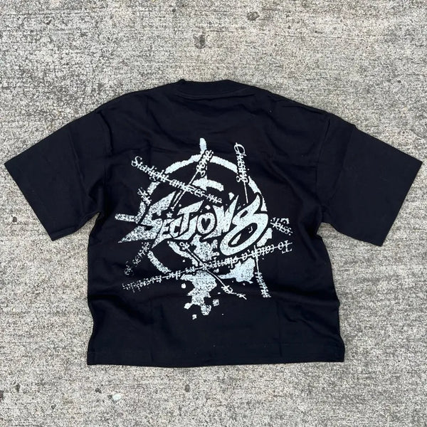Skatercore Oversized shirt – Vintage High Street Casual Print Dark Round Neck Short Sleev