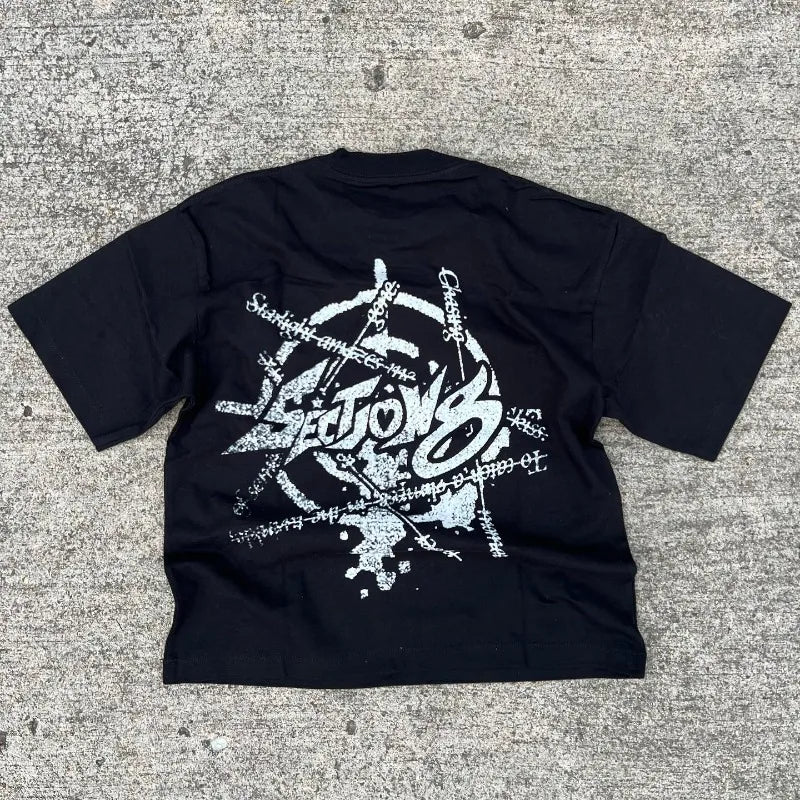 Skatercore Oversized shirt – Vintage High Street Casual Print Dark Round Neck Short Sleev
