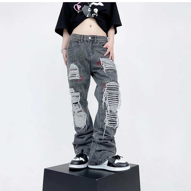 destroy ripped holes patchwork denim jeans men unisex casual rivet bottom zipper trousers jeans streetwear hip hop pants joggers unique joggers style 3638