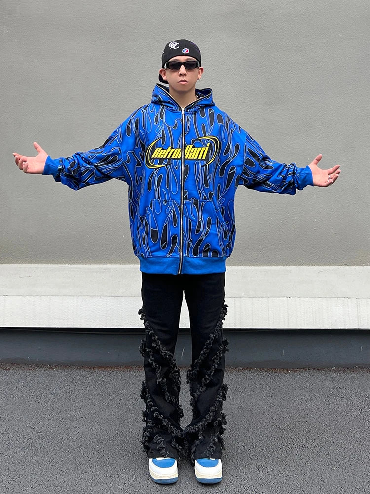 Y2K chrome print featuring mens harajuku fire printed hoodies unisex hip hop y2k full zipper sweatshirt streetwear casual hooded warm loose tops hoodies