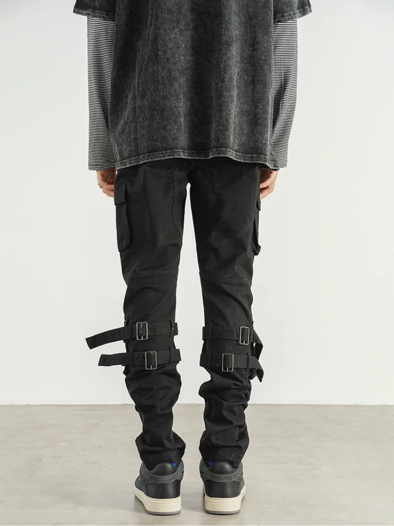 mens high street jeans casual hip hop military cargo pockets trousers new fashion slim fit zipper skinny denim pants joggers streetwear sweatpants