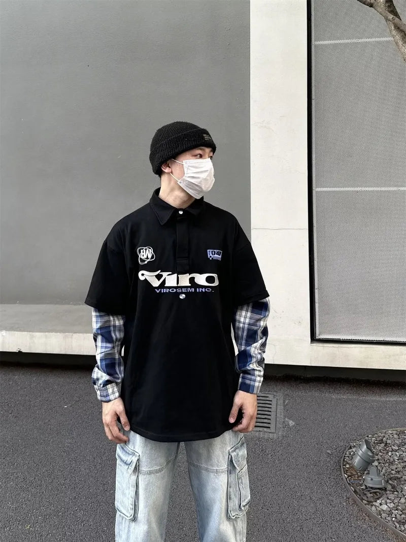 street japanese mens set embroidered fake two piece patchwork tops hip hop washed jeans 2 piece harajuku suits y2k streetwear unique jeans style 4759