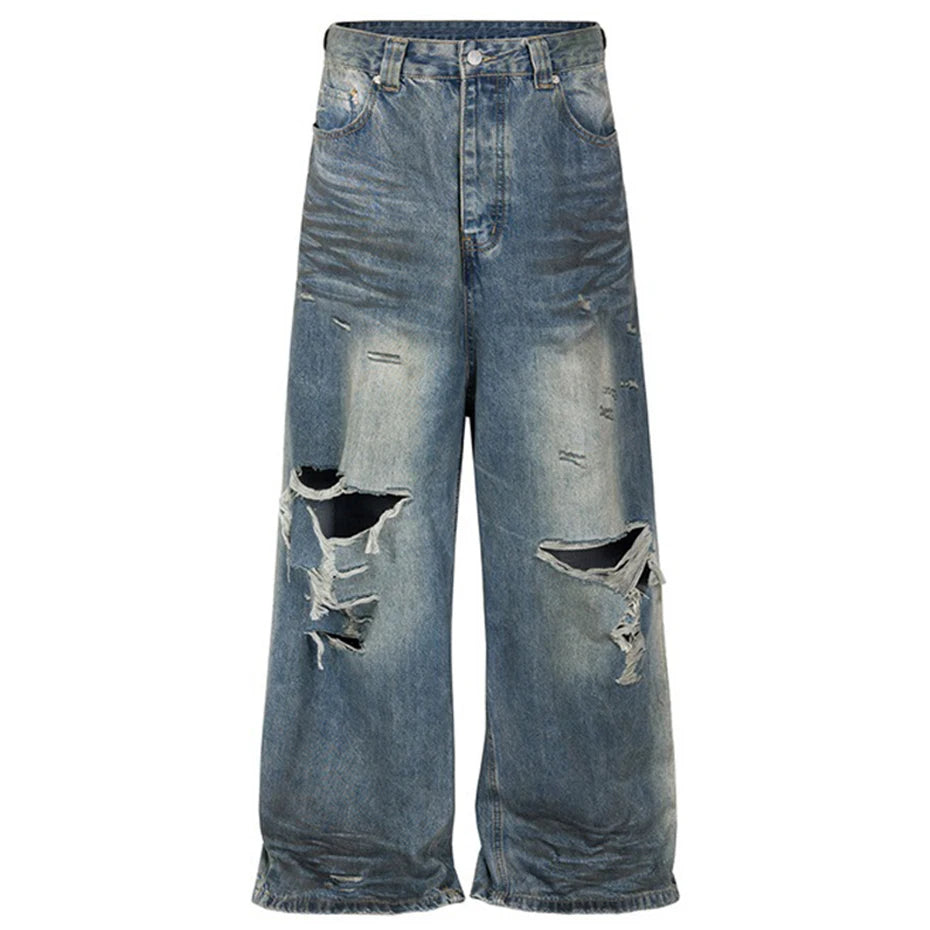 mens fashion ripped jeans blue straight baggy jeans trousers luxury designer loose casual distressed denim pants male unique jeans style 1131