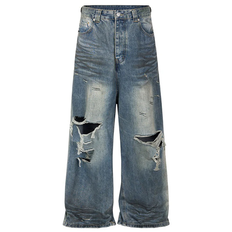 mens fashion ripped jeans blue straight baggy jeans trousers luxury designer loose casual distressed denim pants male unique jeans style 1131