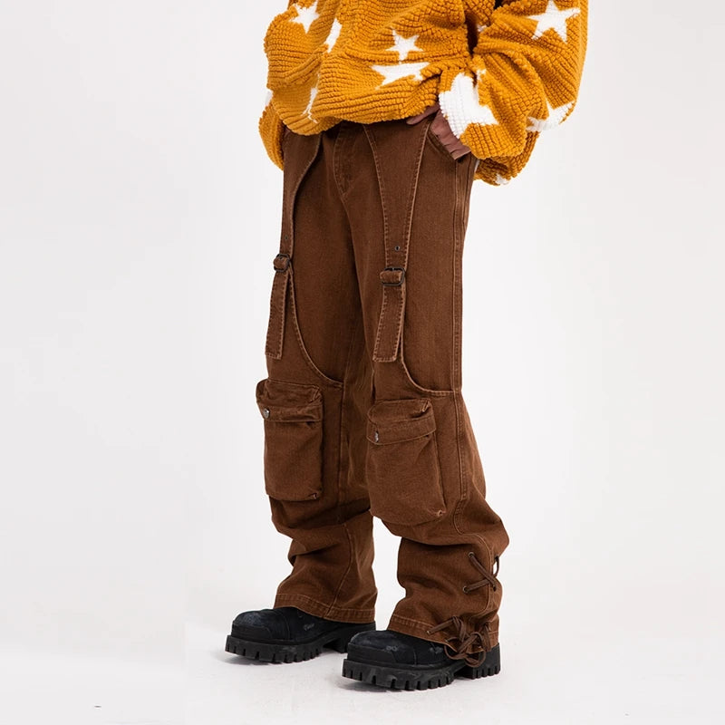 2023 cool design bandage pockets vintage brown baggy men cargo jeans pants y2k hip hop women cotton long trousers pantaloni uomo unique cargo style 1857