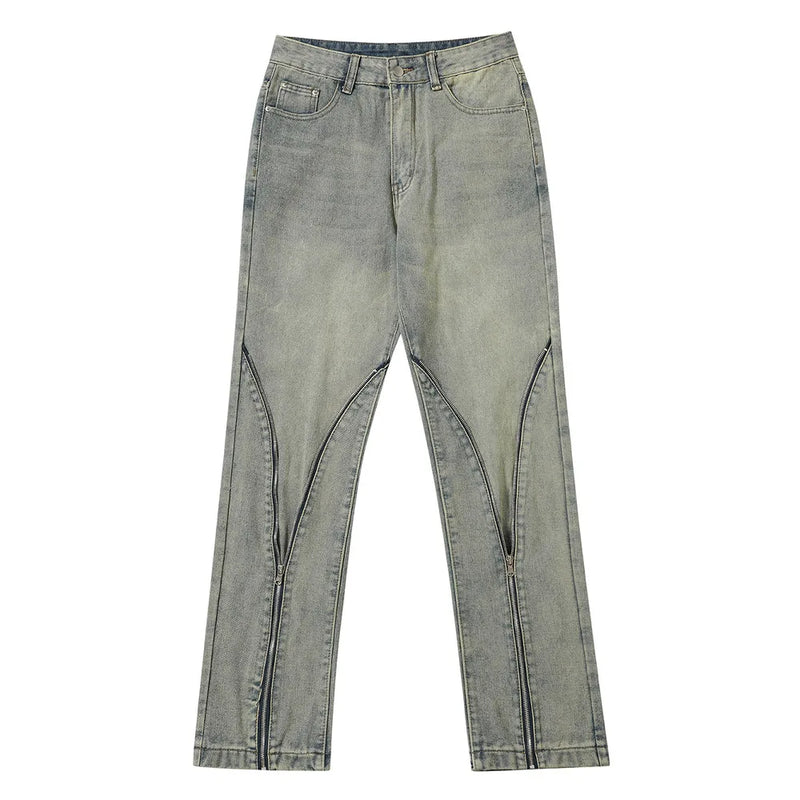 streetwear mens zipper jeans solid color patchwork straight jeans summer casual hip hop denim pants high street loose trousers unique jeans style 3492