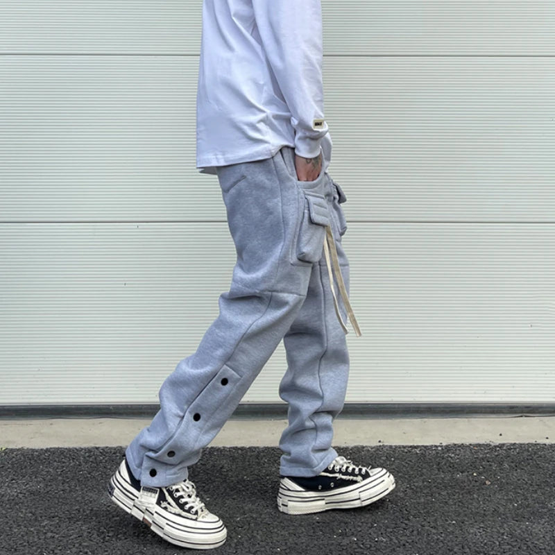 mens high street loose fit elastic waist pants winter warm fleece pants bottons hip hop drawstring sportwear sweatpants joggers relaxed fit joggers