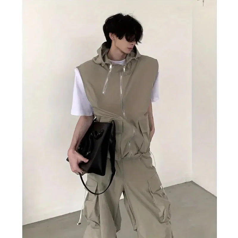 summer sleeveless set men women multi pocket hooded vest jogging cargo pant spring loose casual zipper two piece suit street military streetwear pants