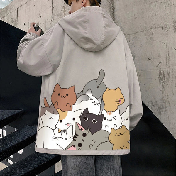 Black Cat Print Baseball Jacket Boys Long Sleeve Loose Ins Harajuku Hi