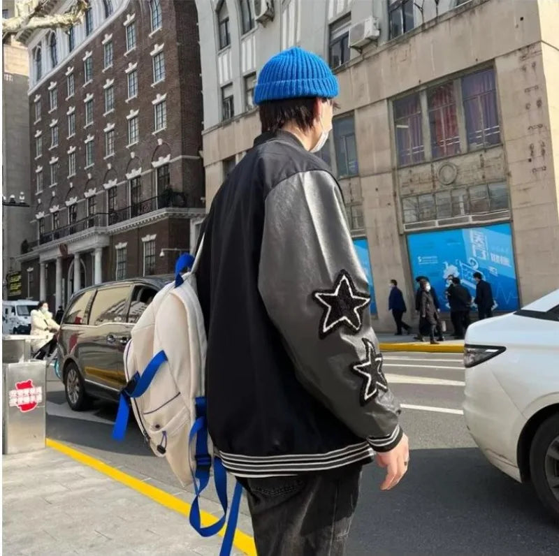 checkered varsity coat, layered streetwear look, trendy