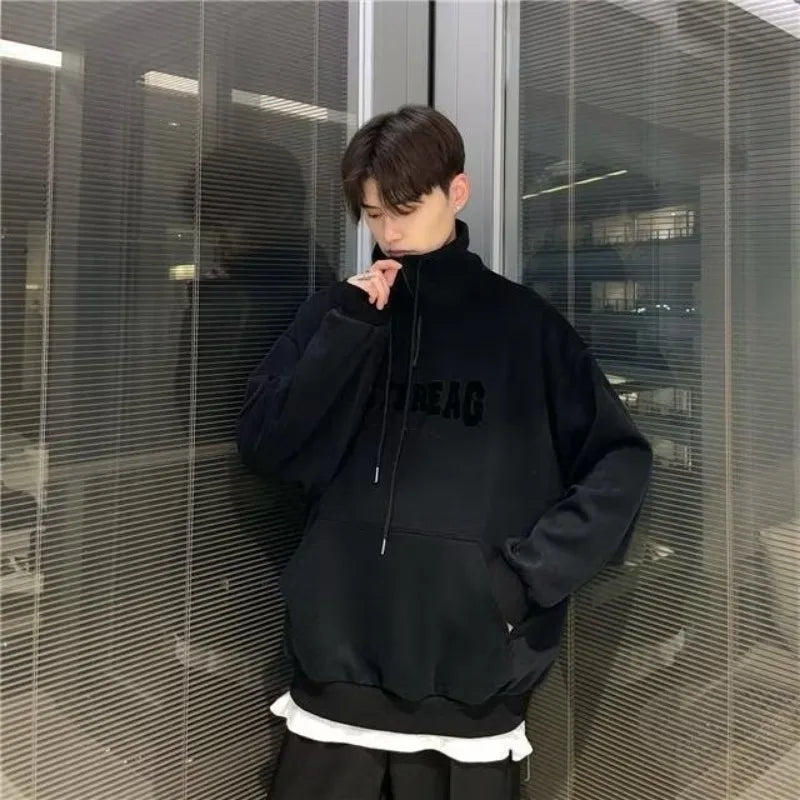 Street Half Zip Hoodie Mens Spring New Vintage Letter Embroidery Loose