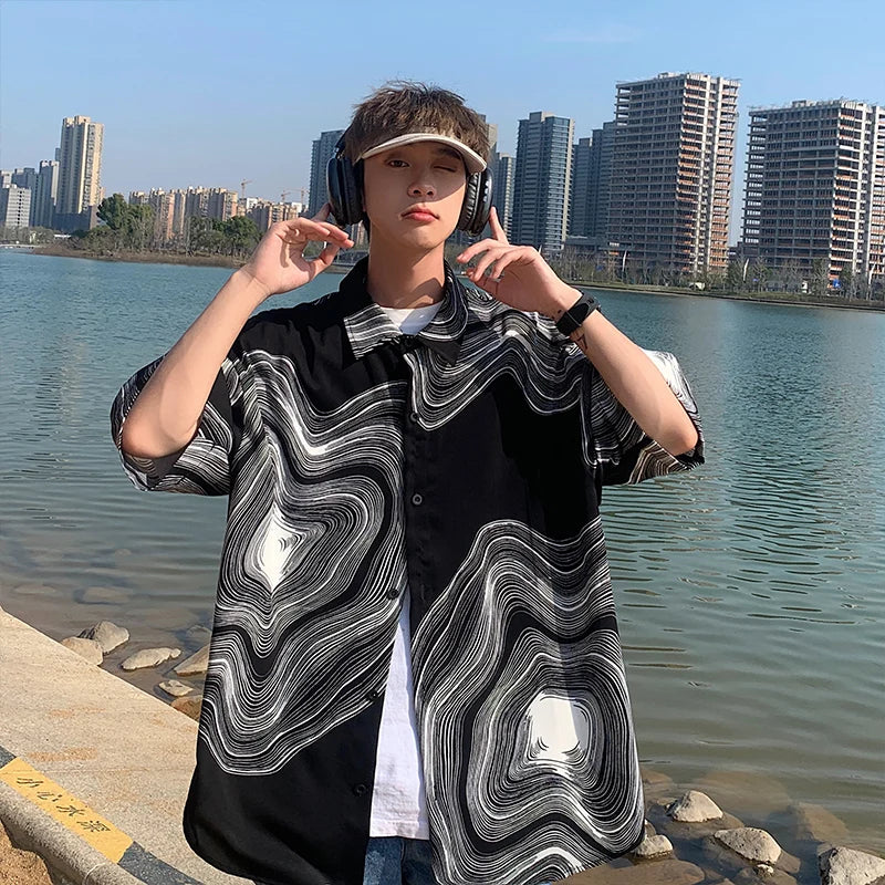 Summer Short Sleeved Shirt Men Retro Printed Shirt Men Streetwear Loose Ice Silk Shirt