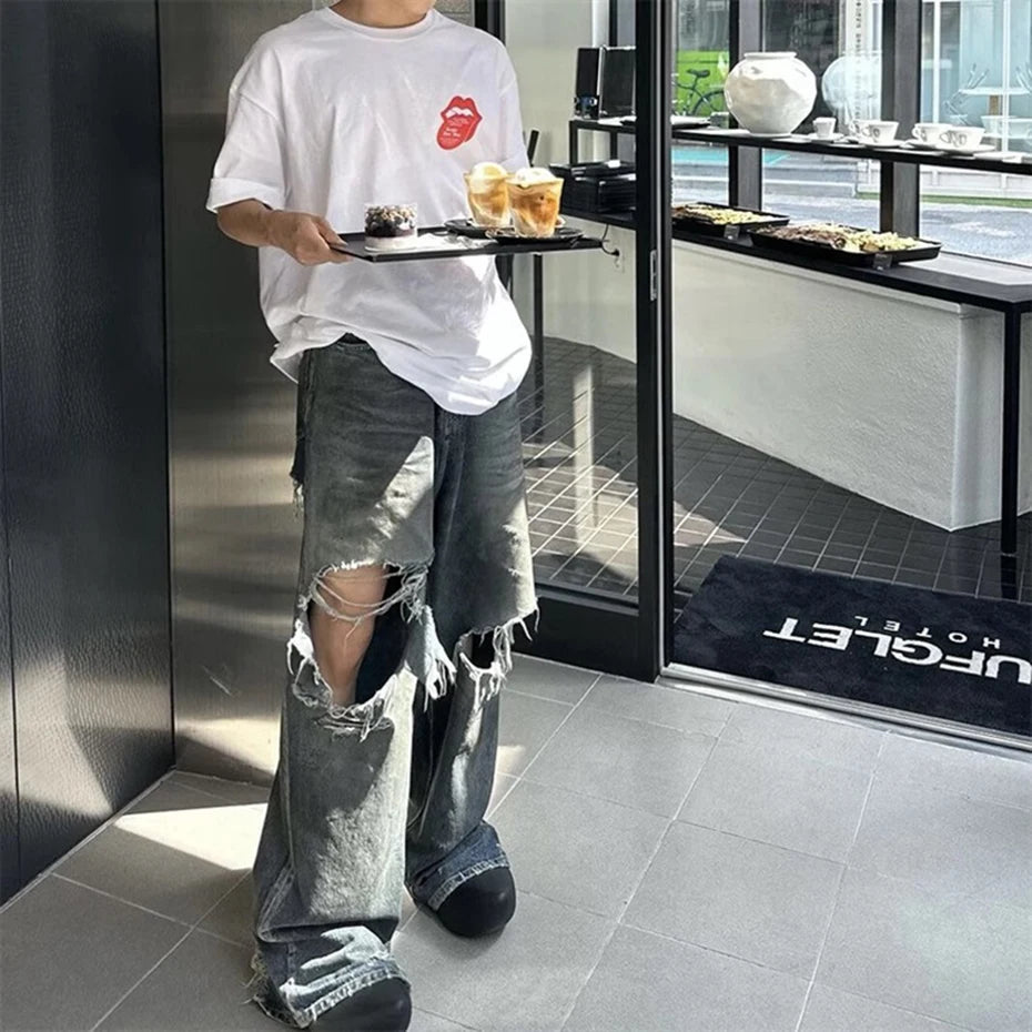 mens fashion ripped jeans blue straight baggy jeans trousers luxury designer loose casual distressed denim pants male unique jeans style 1143