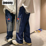men jeans patchwork multi pocket couple denim pants beggar style cargo pants high street casual male streetwear combat utility trousers