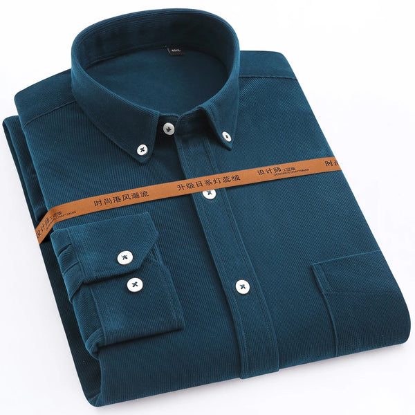 Y2K Street Button Up Shirt – Japan Style Mens Fashion Long Sleeve Corduroy Shirt Single Patch Pocket Comfortable Work Casual Standard Fit Button Down Shirts | Button Shirt Drop #641