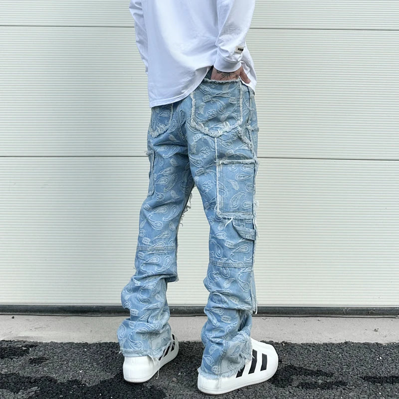 men distressed ripped patchwork paisley denim jean trouser fashion zipper biker jeans streetwear flare pants loose joggers jeans unique joggers style 5028