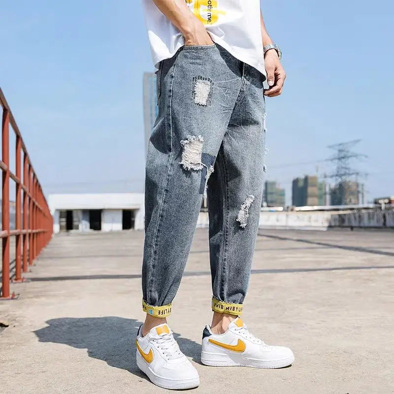 mens jeans with holes man cowboy pants cropped harem hip hop trousers 2024 korean style torn ripped broken retro classic pants unique jeans style 1873